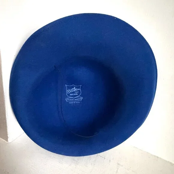 Vintage 50s USA Bollman Tilt Hat Cobalt Royal Blue Wool Brim Veil Feather Fedora